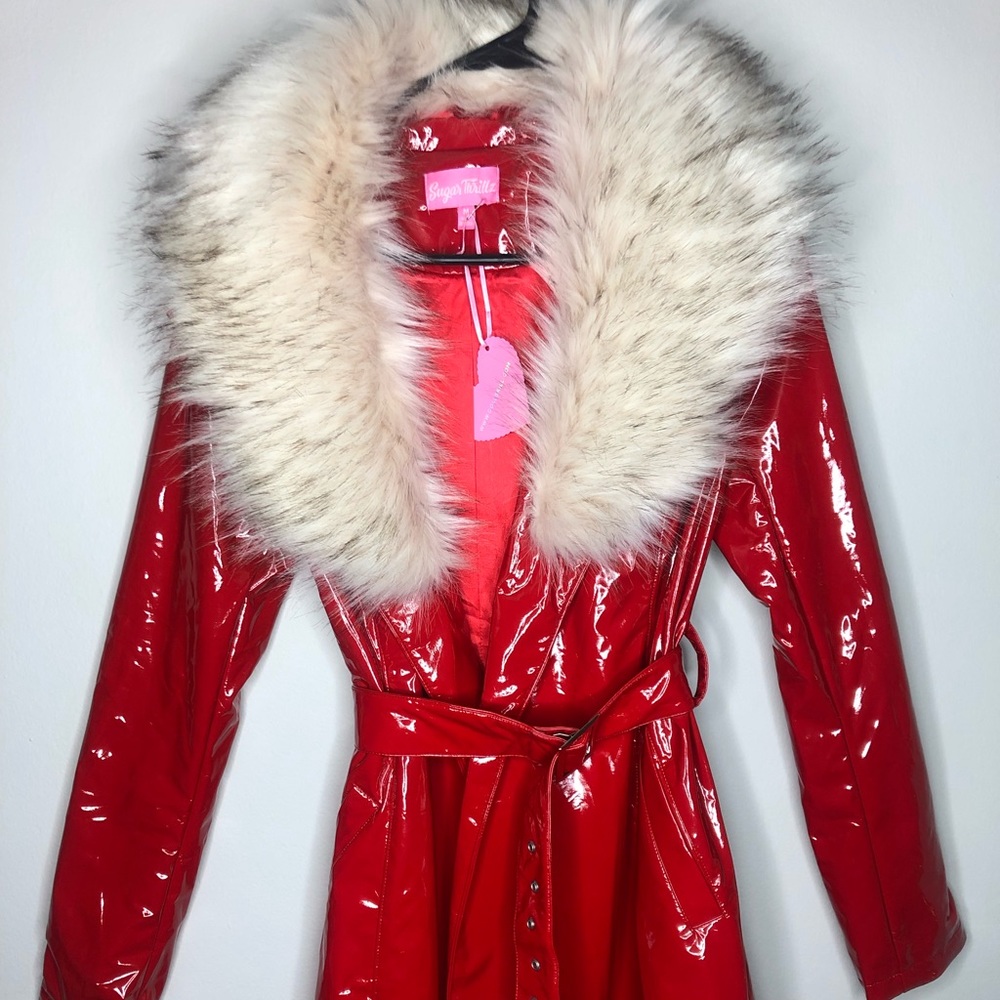 Red latex fur trimmed coat